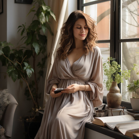 Portrait of a beautiful young woman with long wavy hair in a beige dress standing near the window and using a smartphone.の素材
