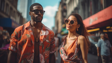 Young multiethnic couple in the city. Hipster man and woman in sunglassesの素材