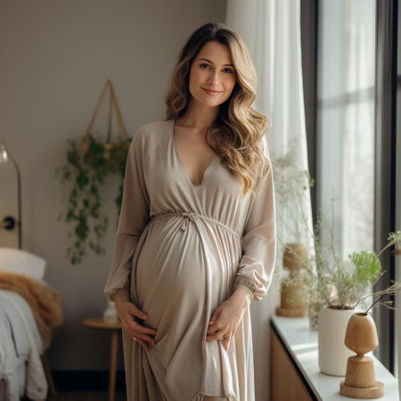 beautiful pregnant woman in beige dress looking at camera at homeの素材