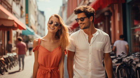 Beautiful young couple is walking in the city and smiling. Girl is wearing sunglassesの素材