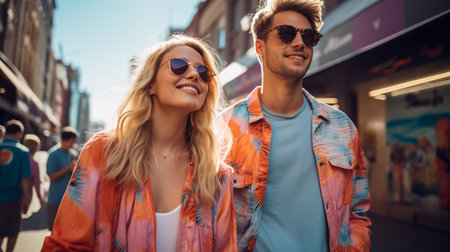 stylish young couple in sunglasses smiling at camera while walking in cityの素材