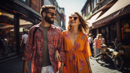 Handsome young man and beautiful woman in sunglasses are walking around the city.の素材