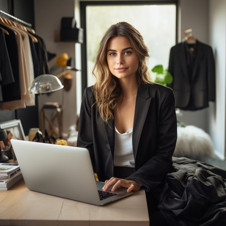 Beautiful young businesswoman using laptop while sitting at the desk in her officeの素材