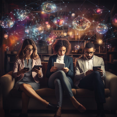 Portrait of young businesspeople using smartphones while sitting on sofa in office with glowing network hologram. Technology conceptの素材