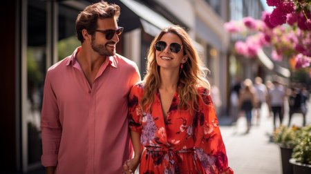 Young couple in sunglasses walking in the city on a sunny day.の素材