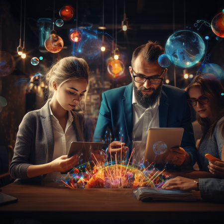 Group of business people working together and using tablet computer in office.の素材