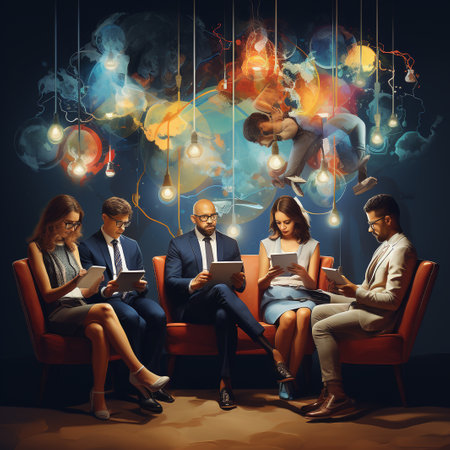 Group of business people sitting in armchairs and using digital tablet. Business communication conceptの素材