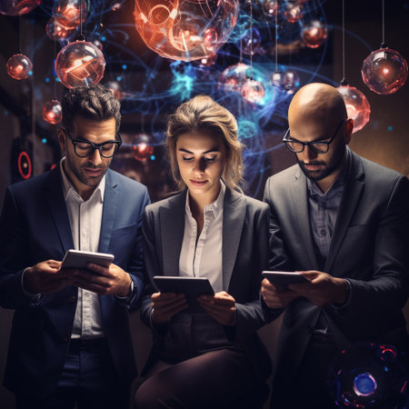 Group of business people using digital tablet in dark office. Technology conceptの素材