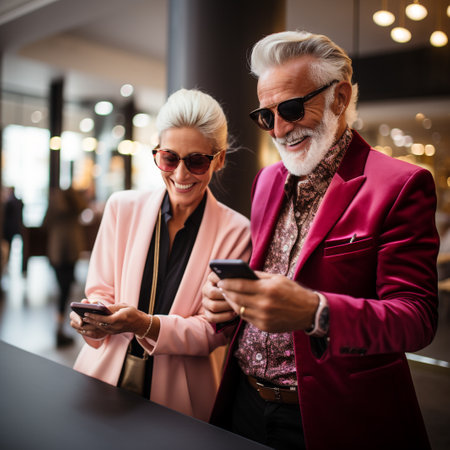 Happy senior couple in sunglasses using mobile phone and smiling while standing in cafeの素材