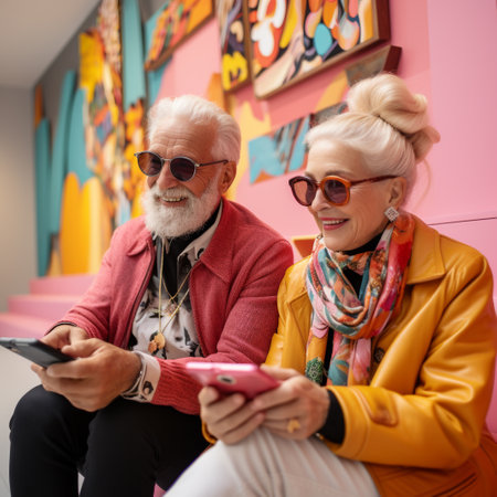 Cheerful senior couple looking at smartphone and smiling while sitting in galleryの素材