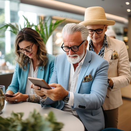Group of senior business people using mobile phone in a coffee shop.の素材