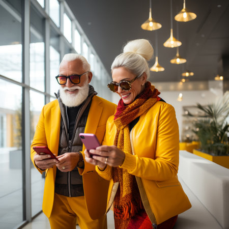 smiling senior couple in sunglasses using smartphones in shopping mall, travel conceptの素材