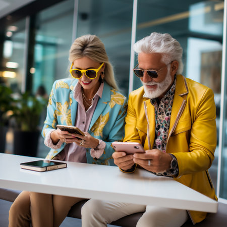stylish senior couple in sunglasses using smartphones while sitting at table in officeの素材