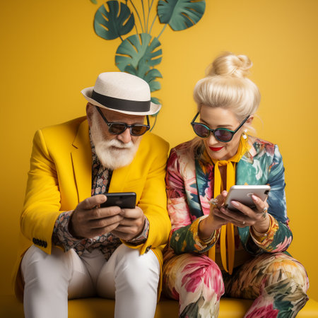 stylish senior couple in sunglasses and hats using smartphones isolated on yellowの素材