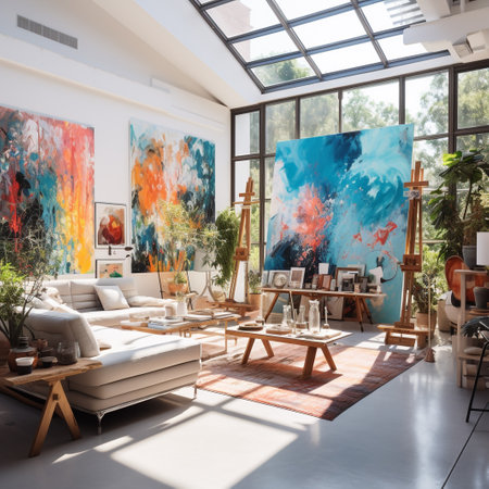 modern living room interior design with art painting on wall. 3d renderingの素材