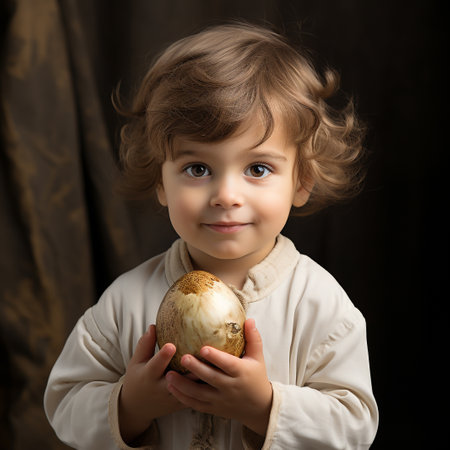 Portrait of a little boy with a coconut on a dark backgroundの素材