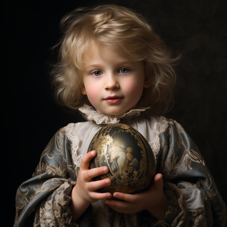 Little girl with a golden egg in her hands on a dark backgroundの素材