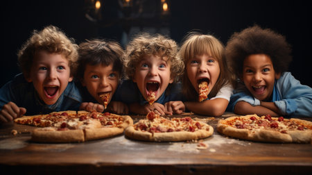 Group of happy children having fun with pizza at home. Concept of friendship and childhood.の素材