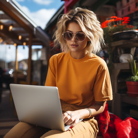 Attractive young woman in sunglasses using laptop while sitting in cafe outdoorsの素材