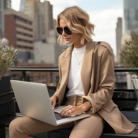 businesswoman in sunglasses working on laptop while sitting on cafe terraceの素材