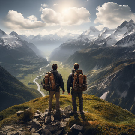 Couple of hikers with backpacks standing on top of a mountainの素材