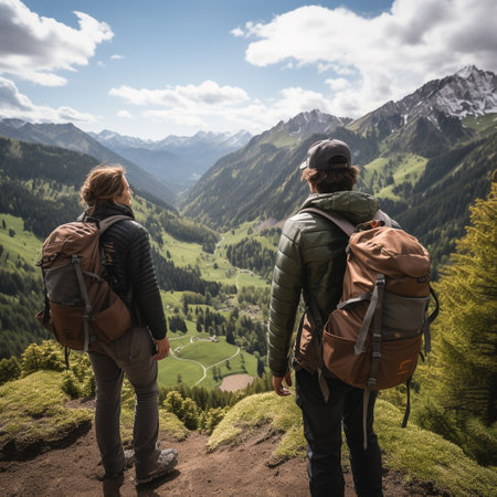 Couple of hikers with backpacks on the top of a mountainの素材