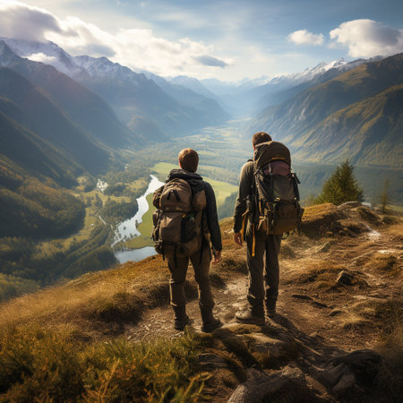 Couple of hikers with backpacks standing on top of a mountain and looking at the lakeの素材