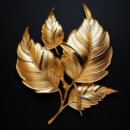 Gold leaves on a black background. 3d rendering, 3d illustration.の素材