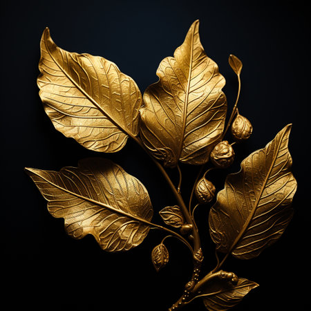 Golden leaves on a black background. 3d rendering, 3d illustration.の素材