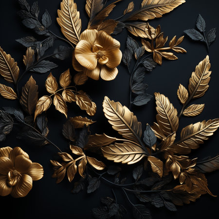 3d illustration, golden leaves and flowers on a black background.の素材