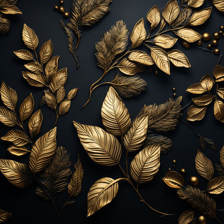 Golden leaves on a black background. 3d rendering, 3d illustration.の素材