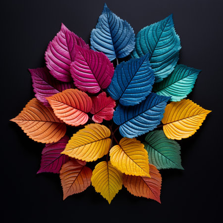 Colorful autumn leaves on black background. Flat lay, top viewの素材