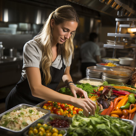 Portrait of young female chef preparing vegetable salad in commercial kitchen.の素材
