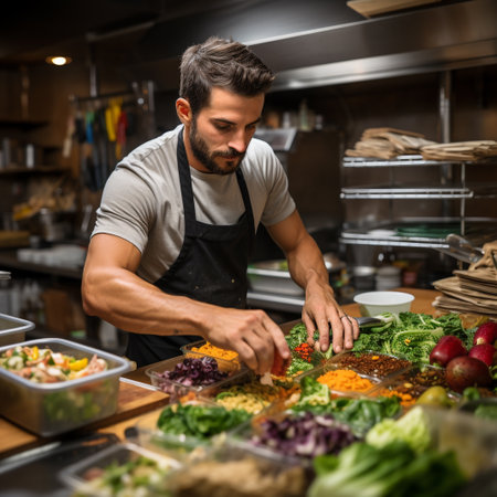 Handsome male chef preparing a salad in a commercial kitchen.の素材