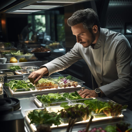 Handsome young male chef preparing vegetable salad in restaurant kitchen.の素材