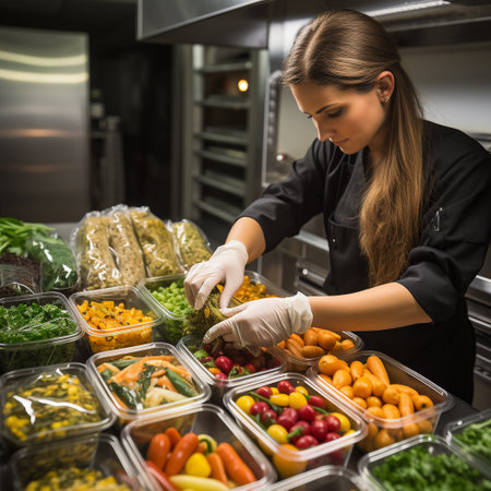 Beautiful young woman in a professional restaurant kitchen preparing fresh vegetables.の素材