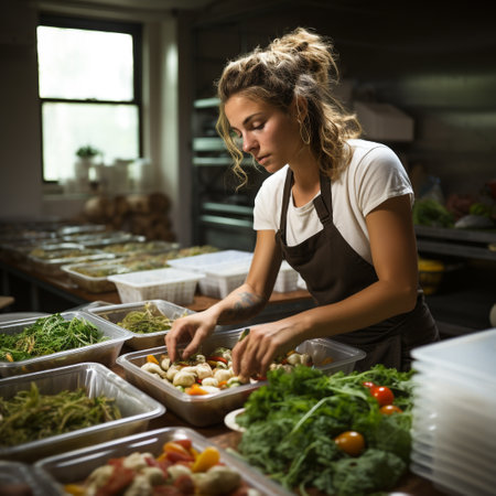 Portrait of a young female chef preparing salad in a commercial kitchenの素材