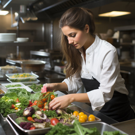 Portrait of young female chef preparing fresh vegetables in kitchen at restaurantの素材