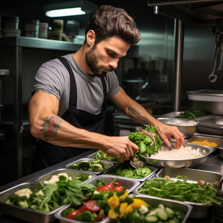 Portrait of a young male chef cooking salad in a commercial kitchenの素材