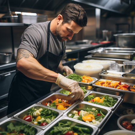 Handsome chef is preparing food in the kitchen of the restaurant.の素材