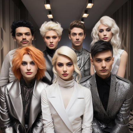 Group of fashion models posing in the studio on a dark background.の素材