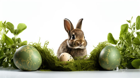 Easter bunny and easter eggs in green nest on white backgroundの素材