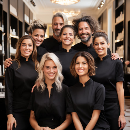 Portrait of a group of friends posing in a beauty salon.の素材