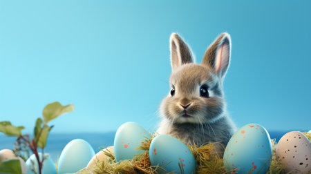 Easter bunny and easter eggs in nest on blue background.の素材