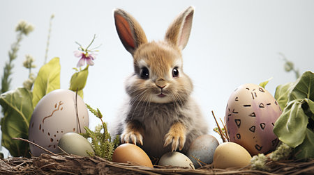Easter bunny and easter eggs in nest on white background.の素材