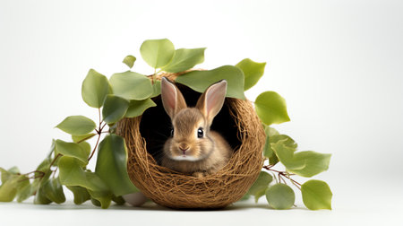 Easter bunny in a nest with green leaves on a white backgroundの素材