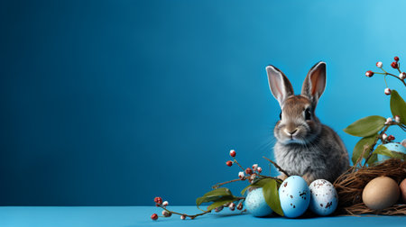 Cute bunny and Easter eggs on blue background. Space for textの素材