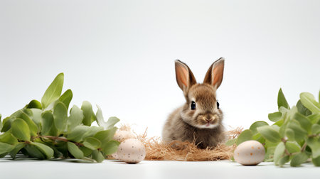 Easter bunny and easter eggs on white background, studio shotの素材