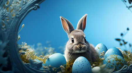 Easter bunny and easter eggs on blue background. 3d renderingの素材