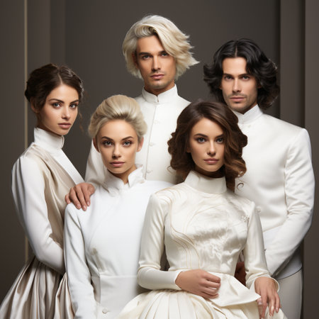 Group of beautiful young people in elegant wedding dresses posing in studio.の素材